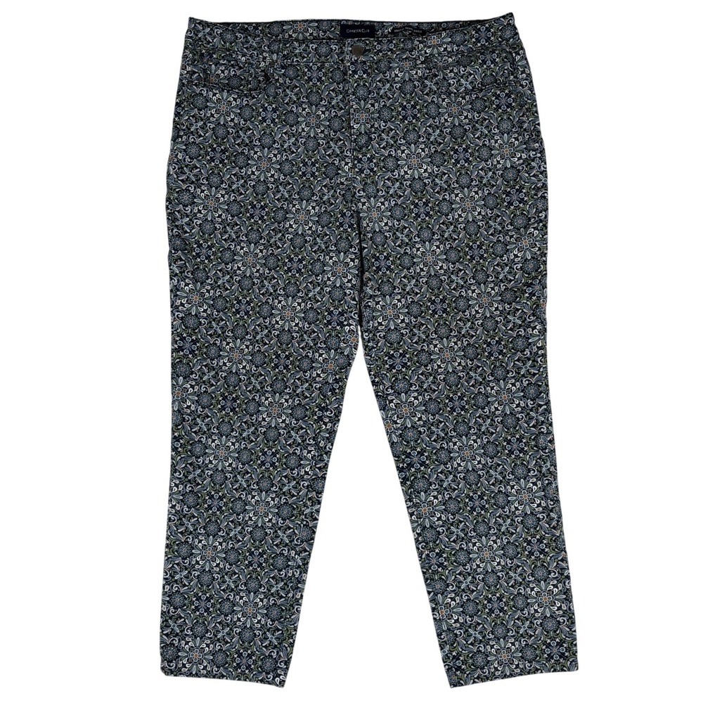 Charter Club Bristol Skinny Ankle Pants Blue Green Floral Medallion Womans 16